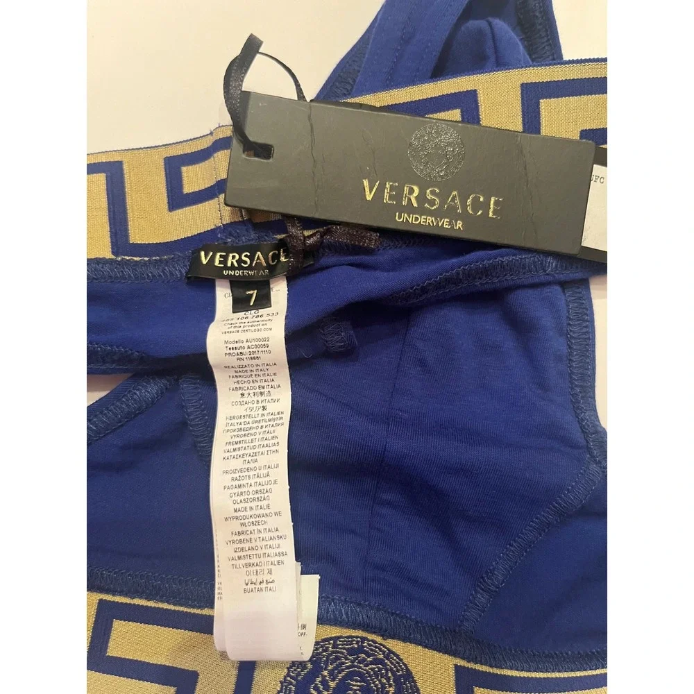 Versace Men's Thong Briefs‎ Underwear Blue with Gold Logo Size 7 or XL